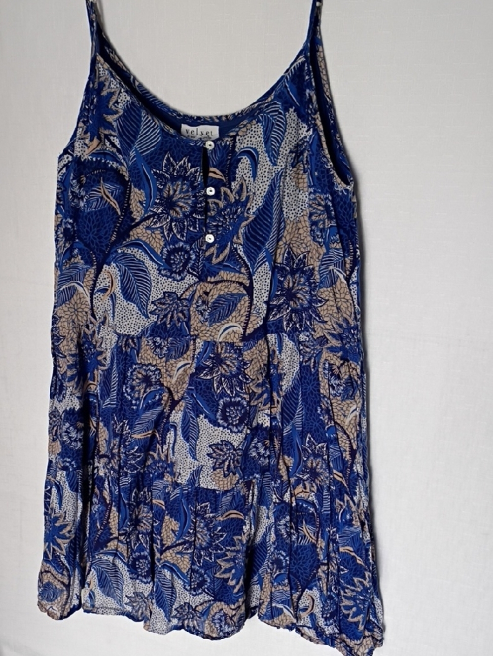 Velvet By Graham & Spencer Mini Dress Blue and Beige Floral Sleeveless Size M